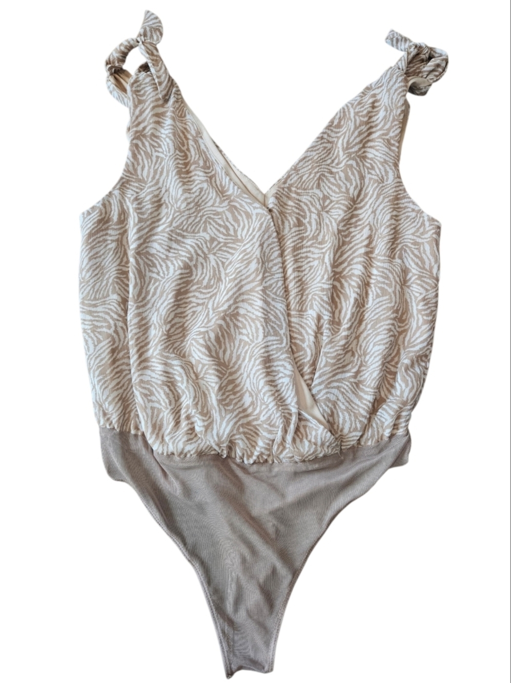 Lush Beige and Cream Zebra-Print Tie-Strap Bodysuit